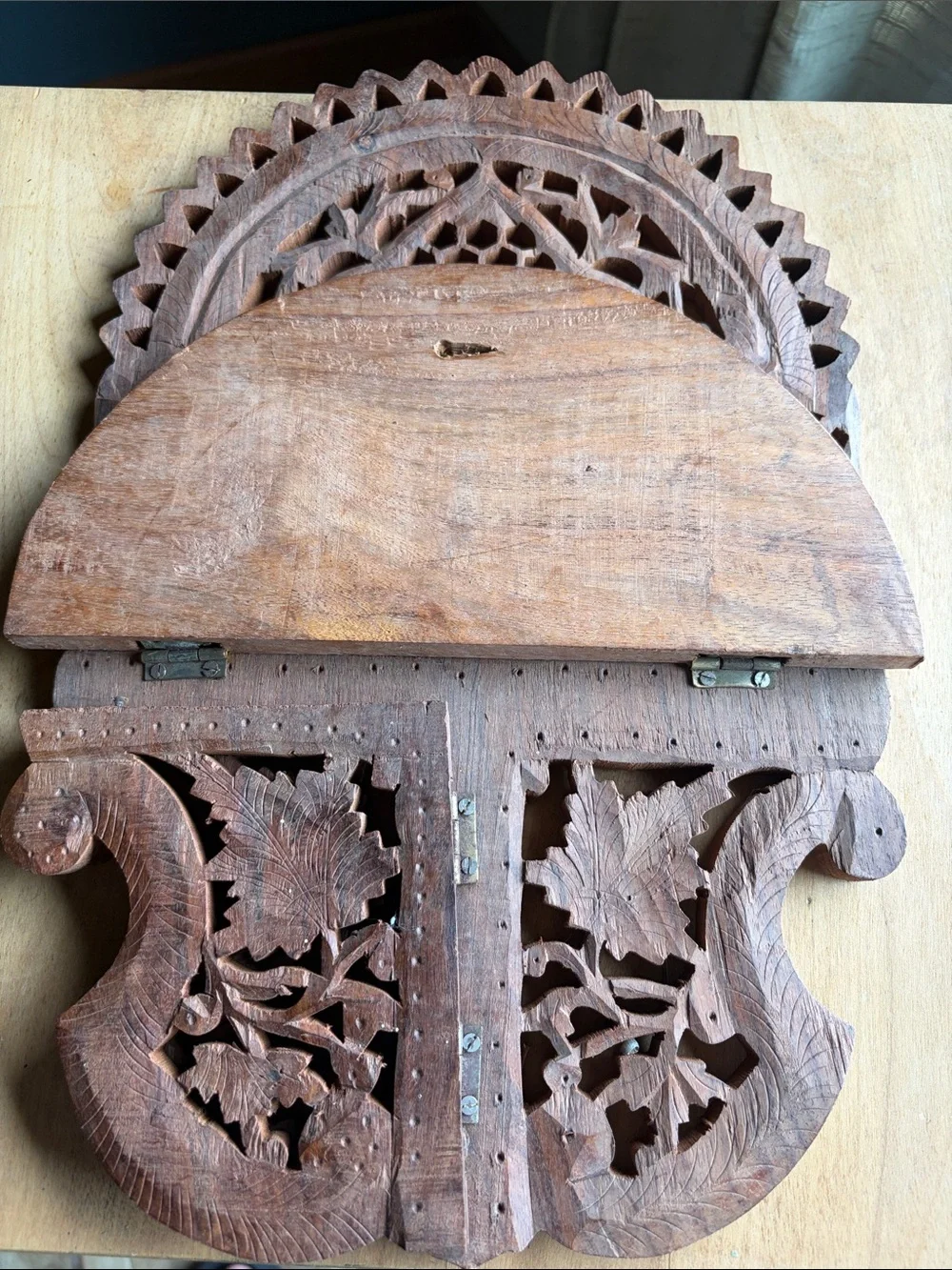 Hand-Carved Brown Wooden Wall Shelf